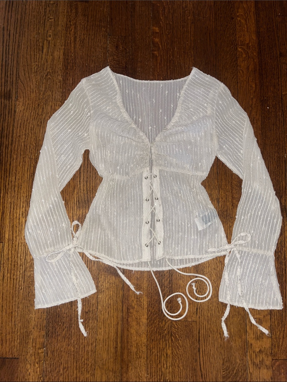 Dazy | Sheer Sequined Lace-Up White Whimsical Long Sleeve Top